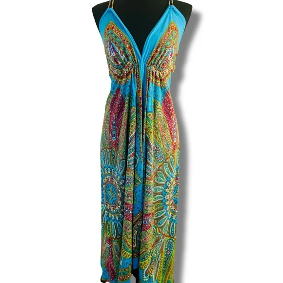 Blue Multicolor Halter Maxi Dress Paisley Boho OS - Picture 2 of 7